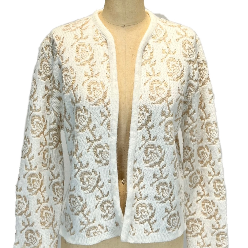 VINTAGE mid century gold metallic floral rose knit sweater cardigan 60s MCM